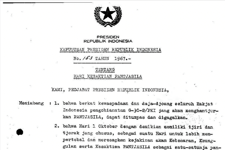 Isi Keppres Nomor 153/1967 yang Menetapkan 1 Oktober sebagai Hari Kesaktian Pancasila