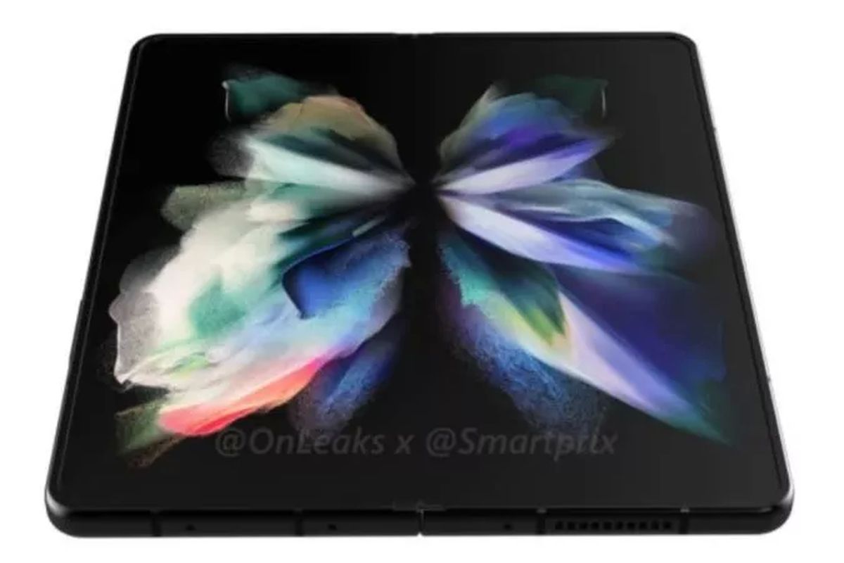 Bocoran render Samsung Galaxy Z Fold 4 yang diletakkan dalam keadaan terbuka.