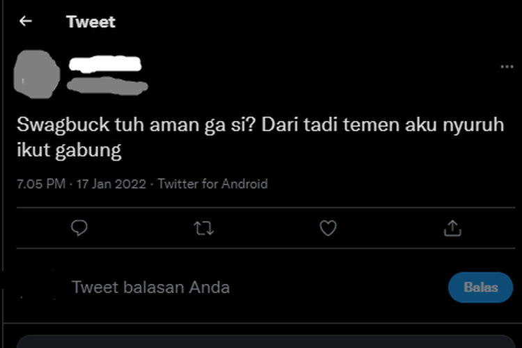 Tangkapan layar twit yang menyebut adanya tawaran untuk gabung situs Swagbuck.