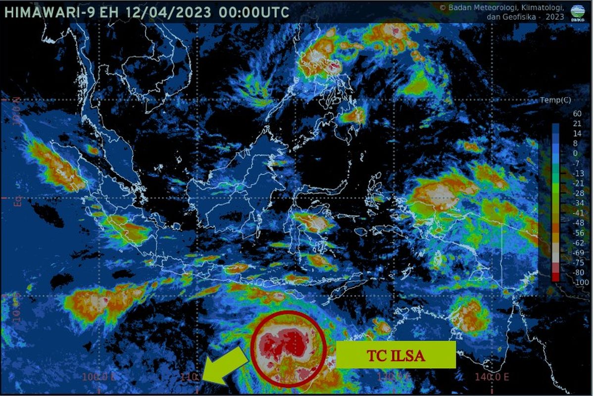 Citra inframerah Himawari-9 menunjukkan terbentuknya siklon tropis Ilsa pada 12 April 2023 pukul 07.00 WIB. Siklon tropis ini menyebabkan berbagai fenomena cuaca seperti hujan intensitas sedang hingga lebat di beberapa wilayah di Indonesia, serta gelombang tinggi di laut.