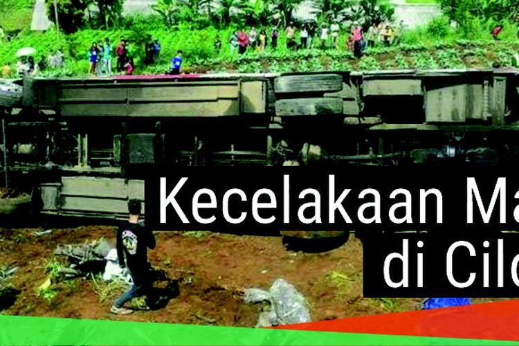Sebuah bus wisata terguling ke perkebunan setelah menabrak beberapa kendaraan di daerah CIloto, Puncak, Jawa Barat, Minggu (30/4/2017). Diduga, rem bus itu blong sehingga pegemudi tidak bisa mengendalikan laju kendaraannya.