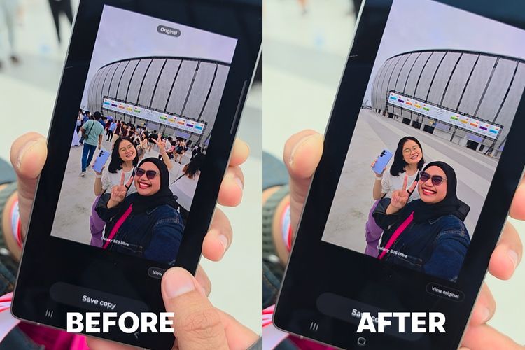 Kemampuan Galaxy AI di Samsung S25 Ultra yang makin pintar dan canggih. (Kiri) Foto adalah gambar sebelum diedit menggunakan Generave Edit, sedangkan (kanan) foto adalah setelah diedit menggunakan Generative Edit