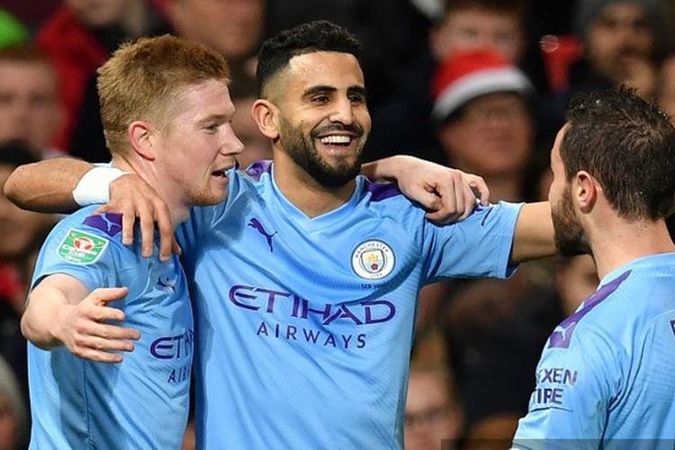 Pemain Manchester City merayakan gol ke gawang Manchester United dalam leg pertama semifinal Piala Liga Inggris, Selasa (7/1/2020) atau Rabu dini hari WIB.