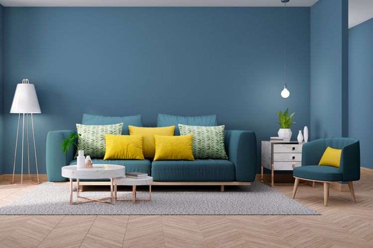 Ilustrasi ruang keluarga dengan dinding berwarna biru.