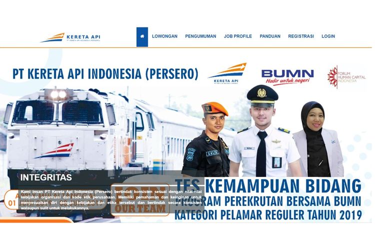 Halaman awal situs resmi rekrutmen PT KAI