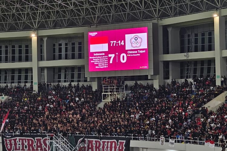 Tampilan angka di papan skor Stadion Manahan, Solo, saat timnas U23 Indonesia menang telak 9-0 atas Taiwan pada laga Kualifikasi Piala Asia U23 2024 Grup K, Sabtu (9/9/2023) malam WIB.