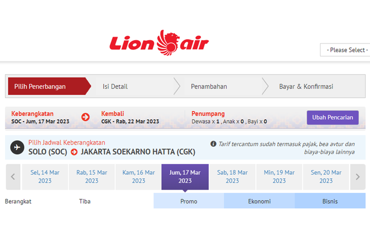 Tangkapan layar laman pemesanan tiket resmi Lion Air.