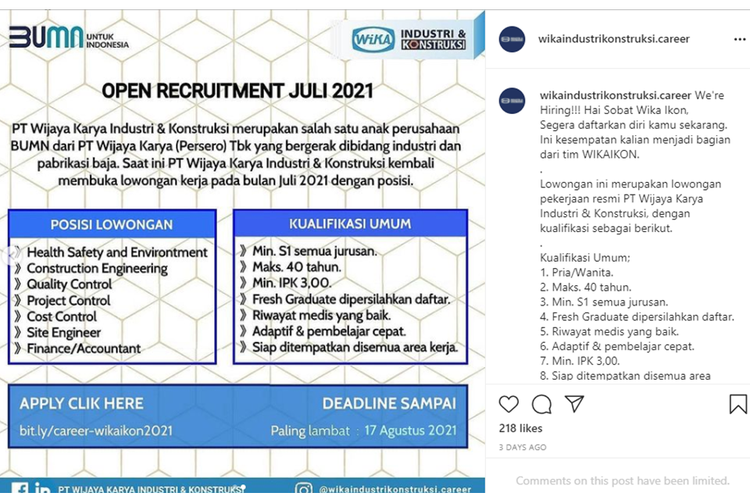 Tangkapan layar lowongan kerja palsu dari PT Wijaya Karya Industri dan Konstruksi.