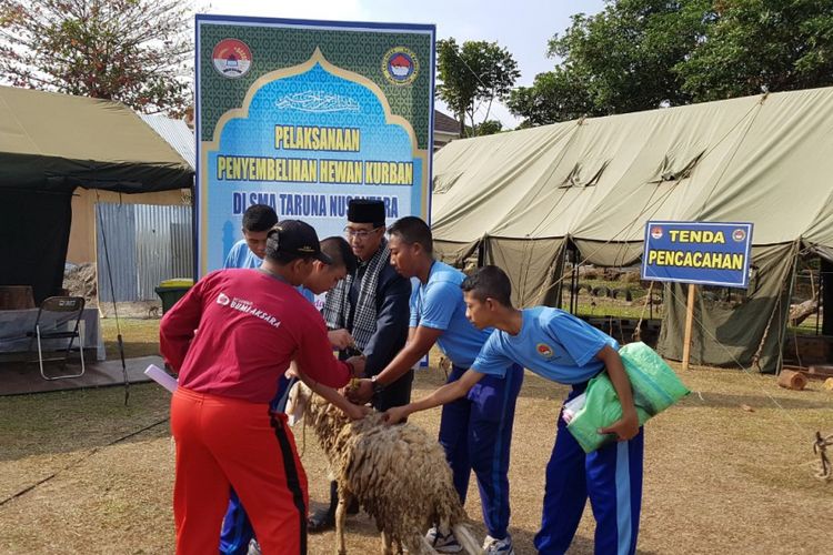 Siswa SMA Taruna Nusantara Magelang hendak menyembelih hewan kurban, pada hari raya Idul Adha 1438 H, Jumat (1/9/2017).
