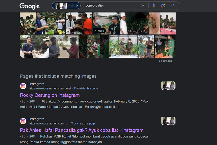 Tangkapan layar pencarian gambar di Google, menampilkan sejumlah akun media sosial yang mengunggah Anies Baswedan membacakan Pancasila.