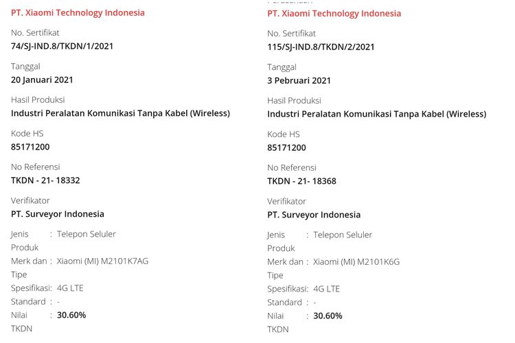 Ilustrasi nilai TKDN ponsel yang diduga sebagai Redmi Note 10 (kiri) dan Note 10 Pro (kanan).