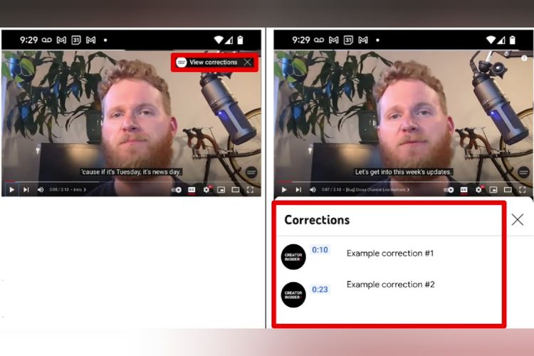 Ilustrasi fitur Corrections yang bisa ditampilkan pengguna ketika menonton video YouTube.