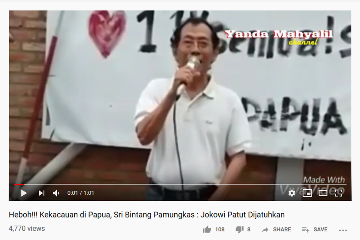 Video aktivis Sri Bintang Pamungkas yang dilaporkan ke polisi karena dinilai menghasut orang untuk menggagalkan pelantikan Jokowi.