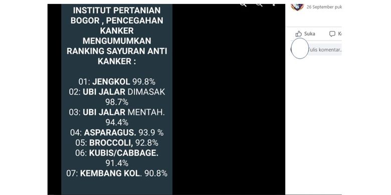 Unggahan hoaks rangking sayur anti-kanker yang dikeluarkan oleh IPB