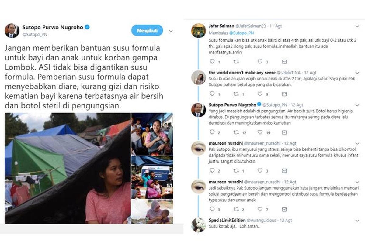 Twit Sutopo tentang pemberian susu formula kepada korban bencana gempa bumi di Lombok yang tuai respons warganet.