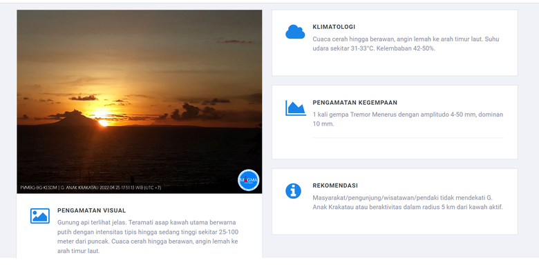 Tangkapan layar yang menampilkan informasi terkait Gunung Anak Krakatau, mencakup informasi tentang kondisi cuaca, kegempaan, rekomendasi, dan pengamatan visual.