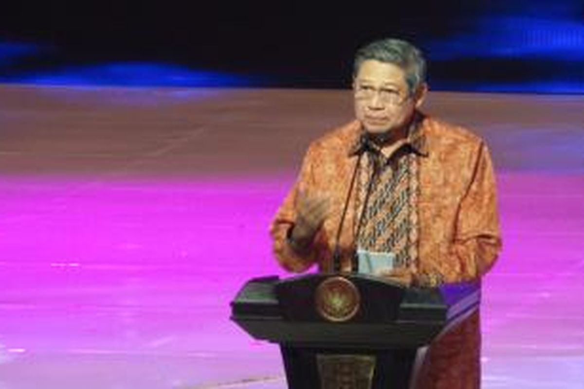 Presiden Susilo Bambang Yudhoyono dalam peluncuran Rajawali TV di Jakarta, Sabtu (3/5/2014).