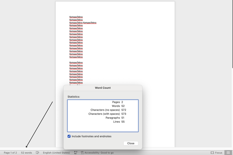 Ilustrasi cara cek jumlah kata di Word