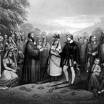 Pernikahan Pocahontas dengan John Rolfe, karya Geo Spohn. (Britannica)