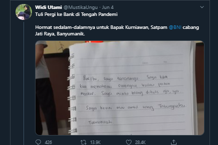 Tangkapan layar thread viral tentang pengalaman tuli pergi ke bank di tengah pandemi