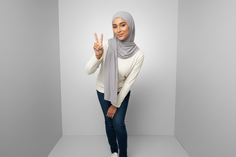 Foto perempuan berhijab Classic Photobox Look hasil dari Google Gemini AI