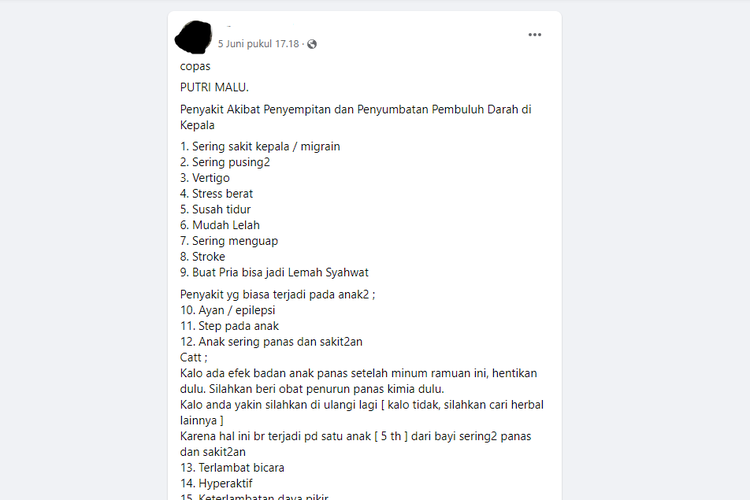 Tangkapan layar unggahan soal air rebusan tanaman putri malu yang diklaim bisa untuk mengobati stroke beredar di Facebook pada Minggu, 5 Juni 2022.