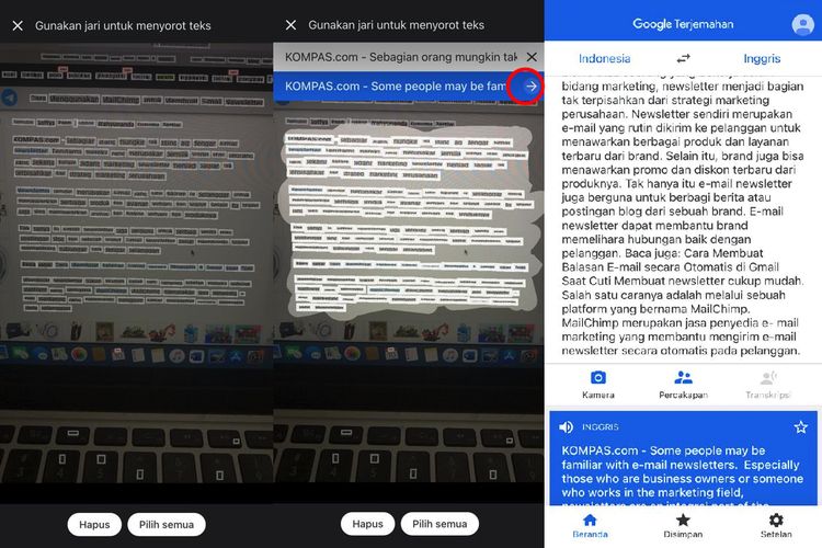 Ilustrasi cara menerjemahkan bahasa lewat kamera ponsel di Google Translate