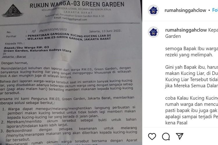 Unggahan viral warga Perumahan Green Garden, Kebon Jeruk, Jakarta Barat, mengeluhkan pemberian makan kucing liar karena menyebabkan lingkungan kotor.