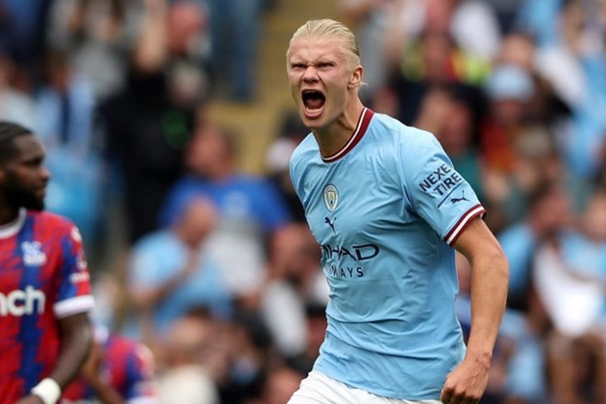 Ekspresi Erling Haaland seusai mencetak gol pada laga pekan keempat Liga Inggris 2022-2023 yang mempertemukan Man City vs Crystal Palace di Stadion Etihad, Sabtu (27/8/2022) malam WIB. Hasil Man City vs Crystal Palace adalah 3-2 untuk kemenangan tuan rumah.