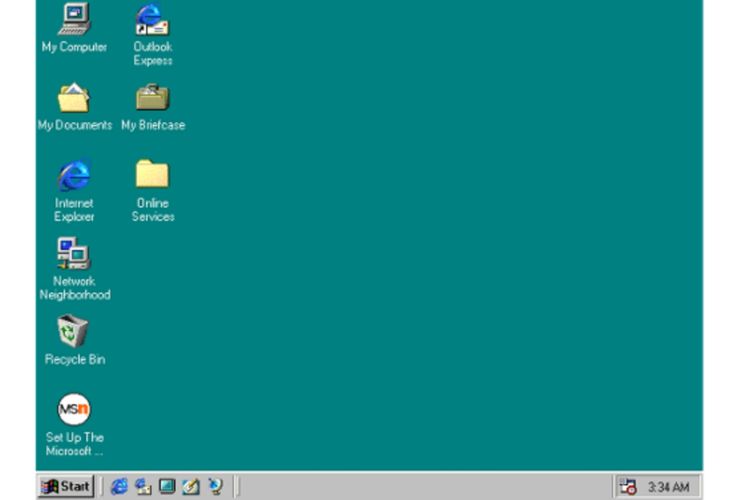 Tampilan antarmuka Windows 98. Ada taskbar di bagian bawah.
