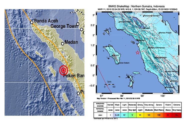 bermagntudo 5,8 , terletak pada koordinat 1.13 LU LU dan 98.76 BT, berjarak 63 Km Barat Daya Padang Sidempuan dengan dengan kedalaman 85 kilometer dan tidak berpontensi Tsunami.