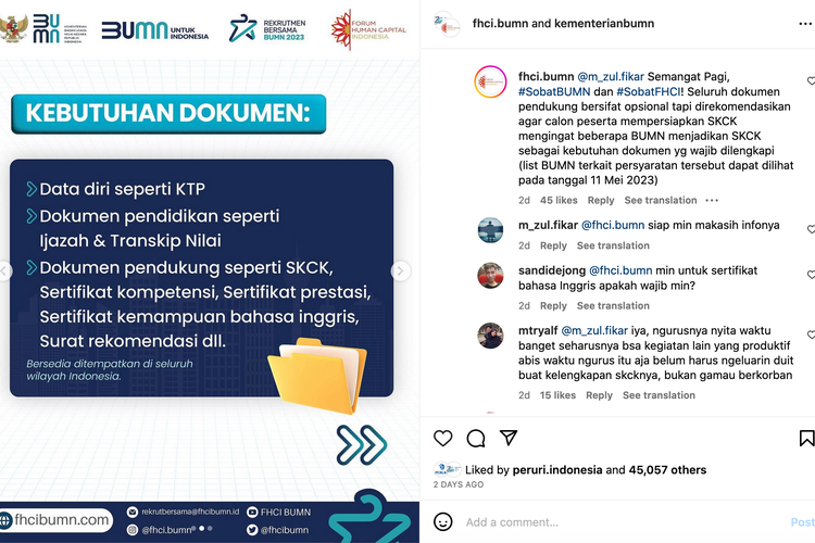 Tangkapan layar pengumuman syarat daftar Rekrutmen Bersama BUMN 2023.