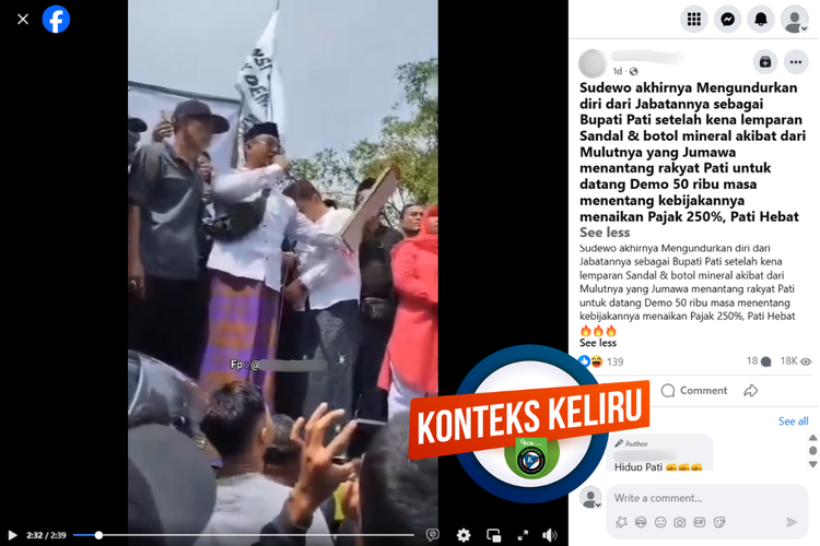 Tangkapan layar konten dengan konteks keliru di sebuah akun Facebook, mengenai video Bupati Pati resmi menyatakan mundur dari jabatannya pada Rabu (13/8/2025).