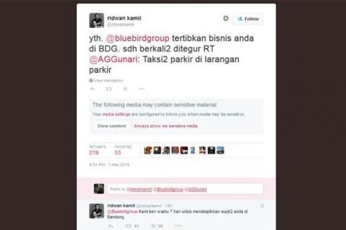 Ridwan Kamil Tegur Taksi Blue Bird lewat Twitter 