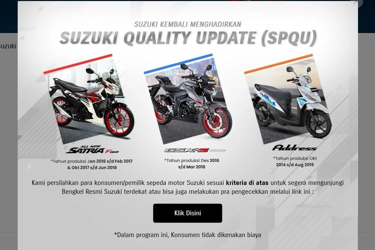 Program recall motor Suzuki yang berlaku buat Satria F150, GSX-S150, dan Address masih berjalan.