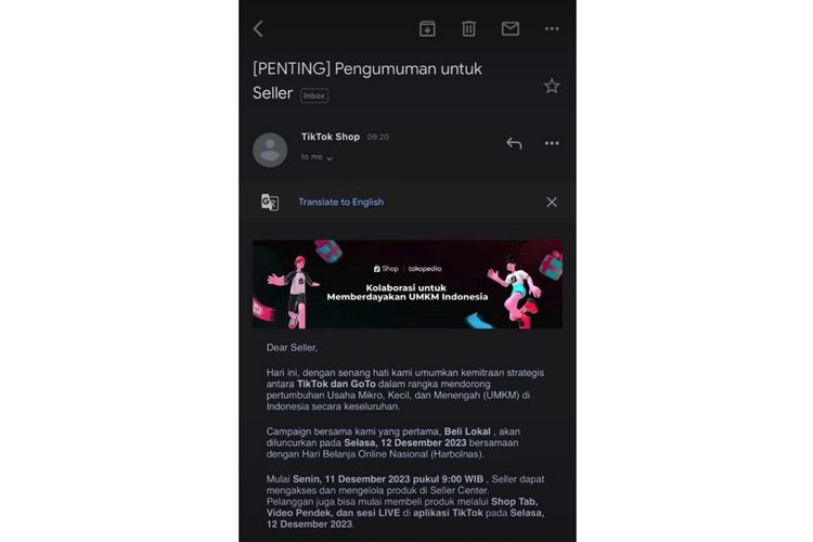 Tangkapan layar pengumuman resmi TikTok Shop buka lagi di Indonesia yang dikirim ke e-mail para seller.