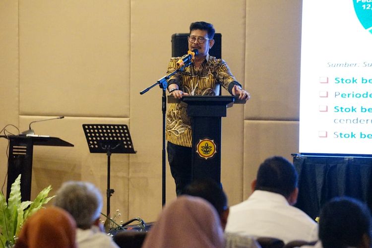 Menteri Pertanian (Mentan) Syahrul Yasin Limpo (SYL) saat menghadiri Rapat Kerja (Raker) Teknis Ditjen PSP Kementan Tahun 2023 di Jakarta, Kamis (26/1/2023).
