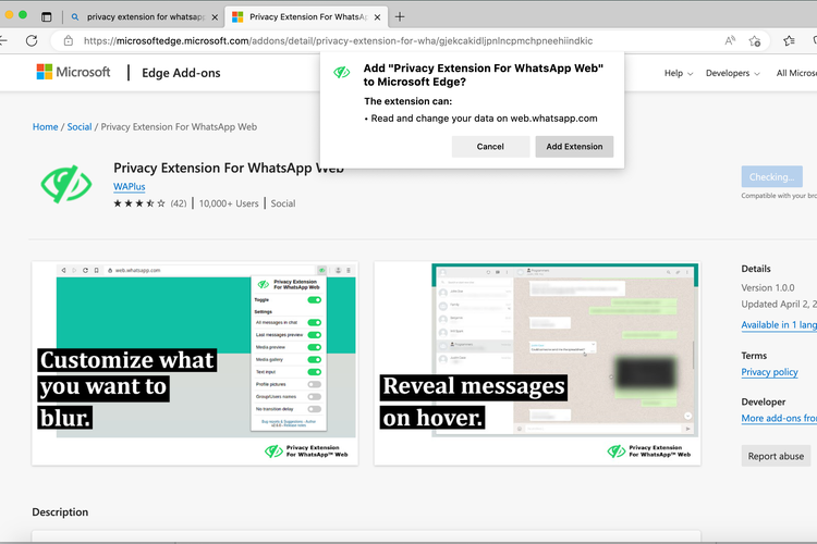 Ilustrasi cara pasang Privacy Extension for WhatsApp Web di Microsoft Edge.
