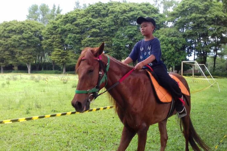 Seorang anak belajar menunggangi kuda di Sekolah Berkuda Wisata Selorejo, Kabupaten Malang, Sabtu (21/11/2020).