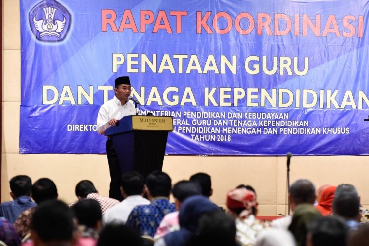 Mendikbud Muhadjir Effendy dalam pembukaan Rakor Penataan Guru dan Tenaga Kependidikan di Jakarta (15/11/2018).
