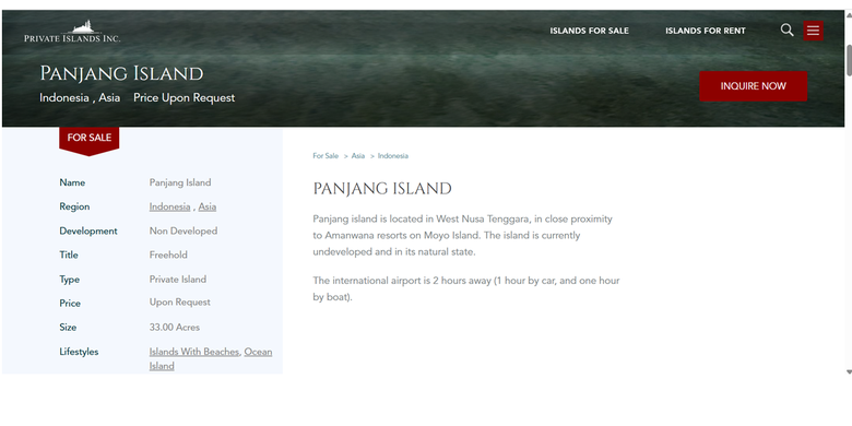 Tangkapan layar spesifikasi Pulau Panjang di Sumbawa yang dipajang di situs online Private Islands Online. Disebutkan bahwa pulau ini merupakan pulau pribadi dengan status hak milik.