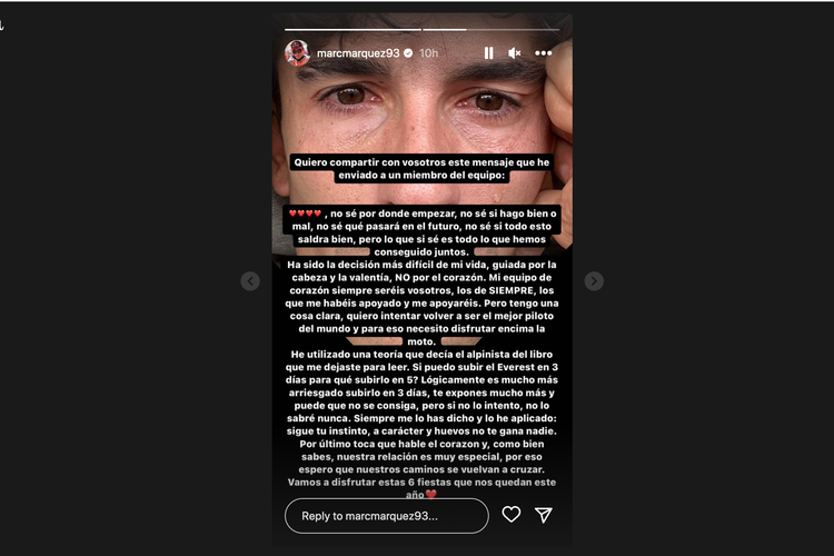 Unggahan Instagram story Marc Marquez usai mengumumkan perpisahan dengan Honda