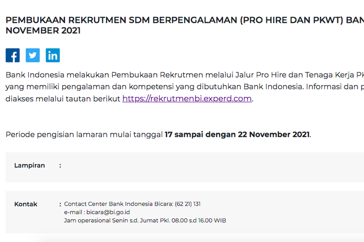 Tangkapan layar informasi rekrutmen Bank Indonesia November 2021