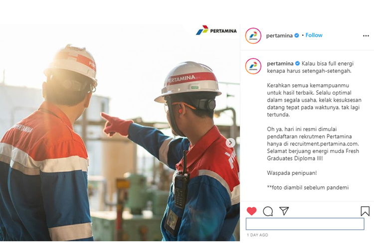 PT Pertamina (Persero) membuka lowongan kerja bagi para lulusan baru program Diploma 3 untuk mengisi kebutuhan tahun 2021.