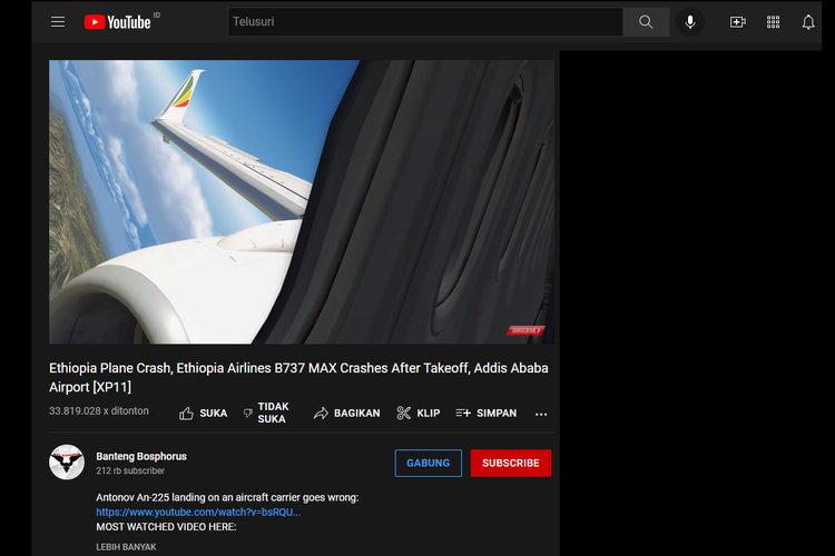 Tangkapan layar akun YouTube Banteng Bosphorus mengunggah video simulasi kecelakaan pesawat Boeing 737 yang dioperasikan maskapai Ethiopia Airlines.