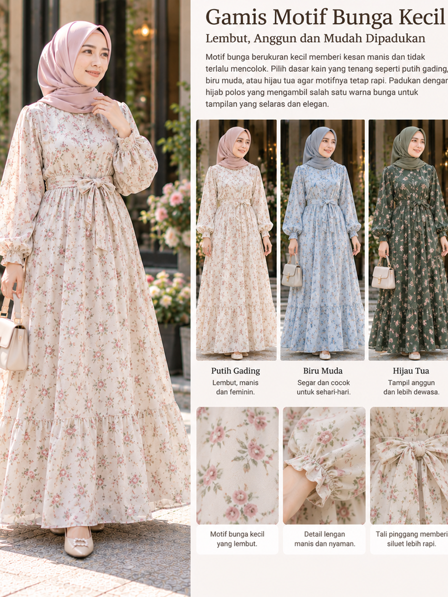 Gamis Motif Floral Kecil, Manis dan Tidak Berlebihan
