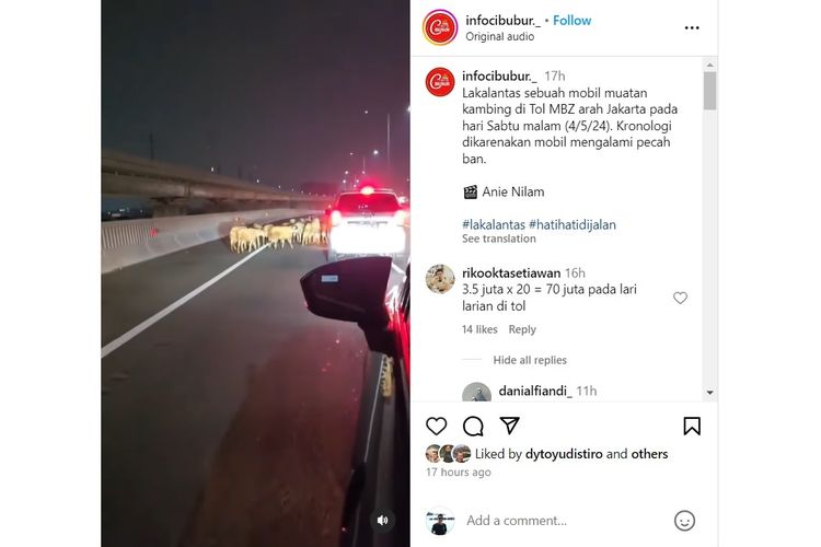 Dalam video yang direkam Anie Nilam, disebutkan bahwa terjadi lakalantas sebuah mobil muatan kambing di Tol MBZ arah Jakarta pada hari Sabtu (4/5/2024) malam.