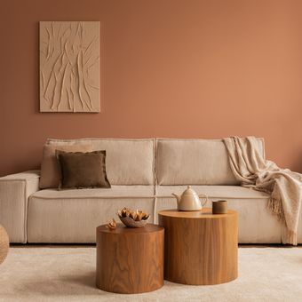 Ilustrasi ruang tamu dengan warna cat dinding coklat.