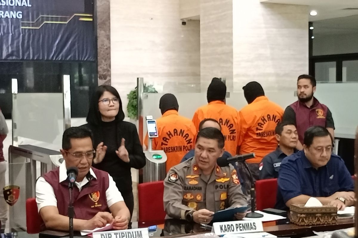 Direktorat Tindak Pidana Umum (Dirtipidum) Badan Reserse Kriminal (Bareskrim) Polri menggelar konferensi pers perihal Tindak Pidana Perdagangan Orang (TPPO), Selasa, (4/4/2023).