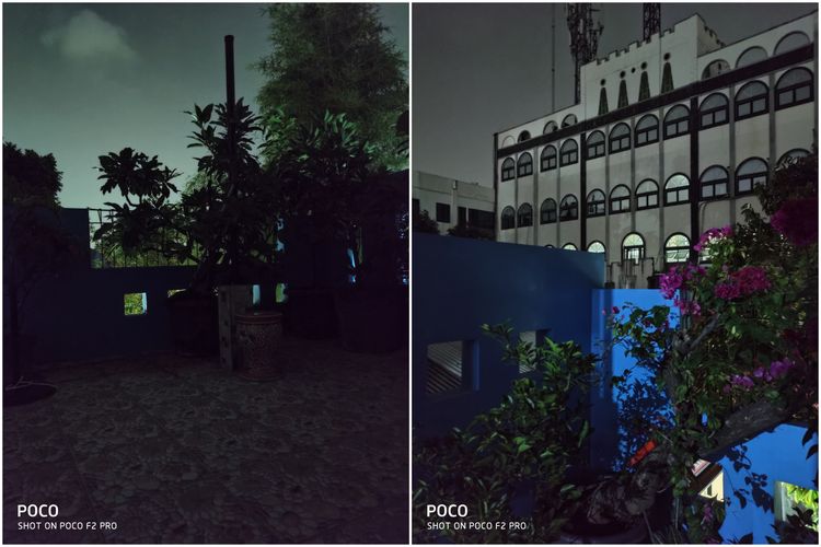 Hasil foto Poco F2 Pro mode malam. Poco F2 Pro dibekali dengan Night Mode 2.0. Bisa dilihat bahwa foto yang dihasilkan ponsel tersebut mampu menangkap kondisi lingkungan dan bangunan yang minin akan cahaya (kanan). Meski begitu, gambar di sebelah kiri terlihat kurang jelas karena tidak ada pencahayaan sama sekali. 